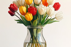 Colorful tulips in a glass vase spri, a Background Photo by Pixeness Studio