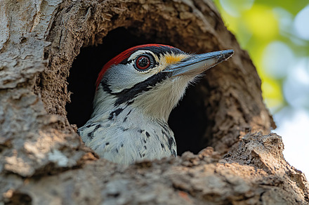 Woodpecker bird sitting in a hollow of tree trunk, an Animal Photo by AlyaAnd