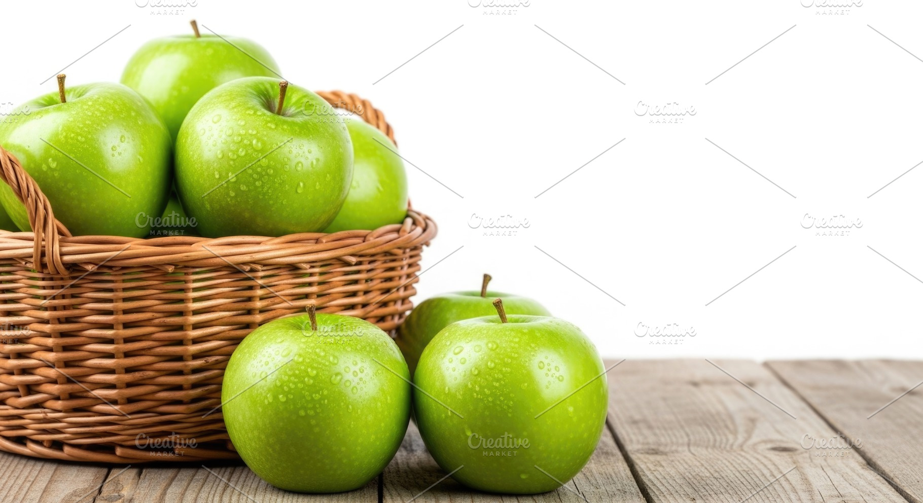 Fresh green apples in rustic basket, a Food & Drink Photo by CreativeStudio_S