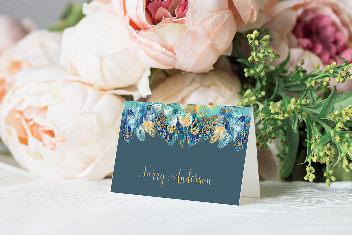 Peacock Place Cards - Editable, a Stationery Template by Bijou Bay (Photo 1 of 2)
