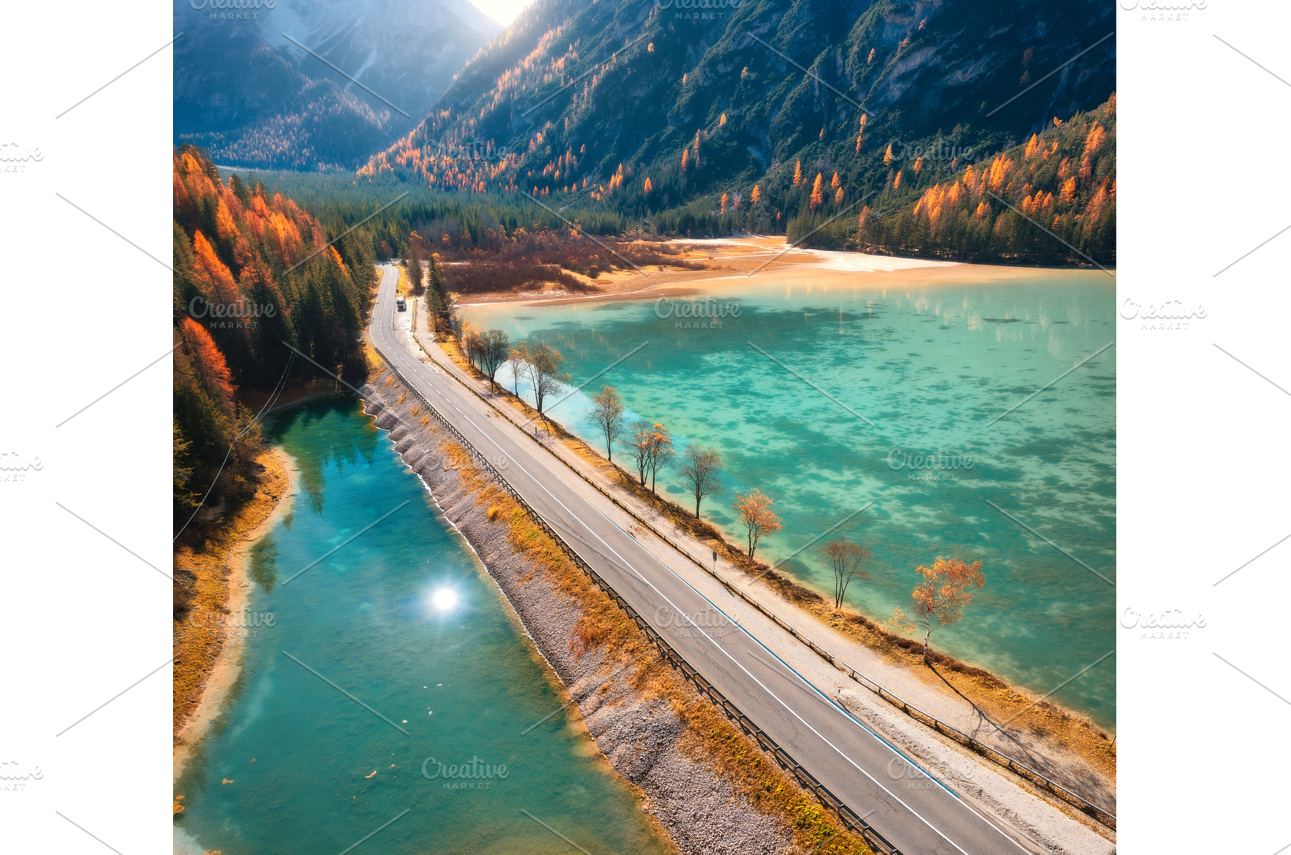 Aerial view of road, azure lakes, a Transportation Photo by den-belitsky