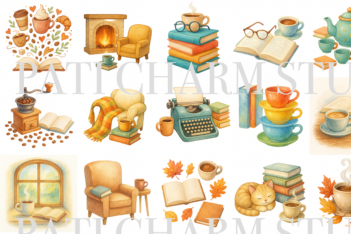 17 Cozy Coffee and Books Clipart, a Decorative Illustration by Pati Charm Studio (Photo 2 of 8)