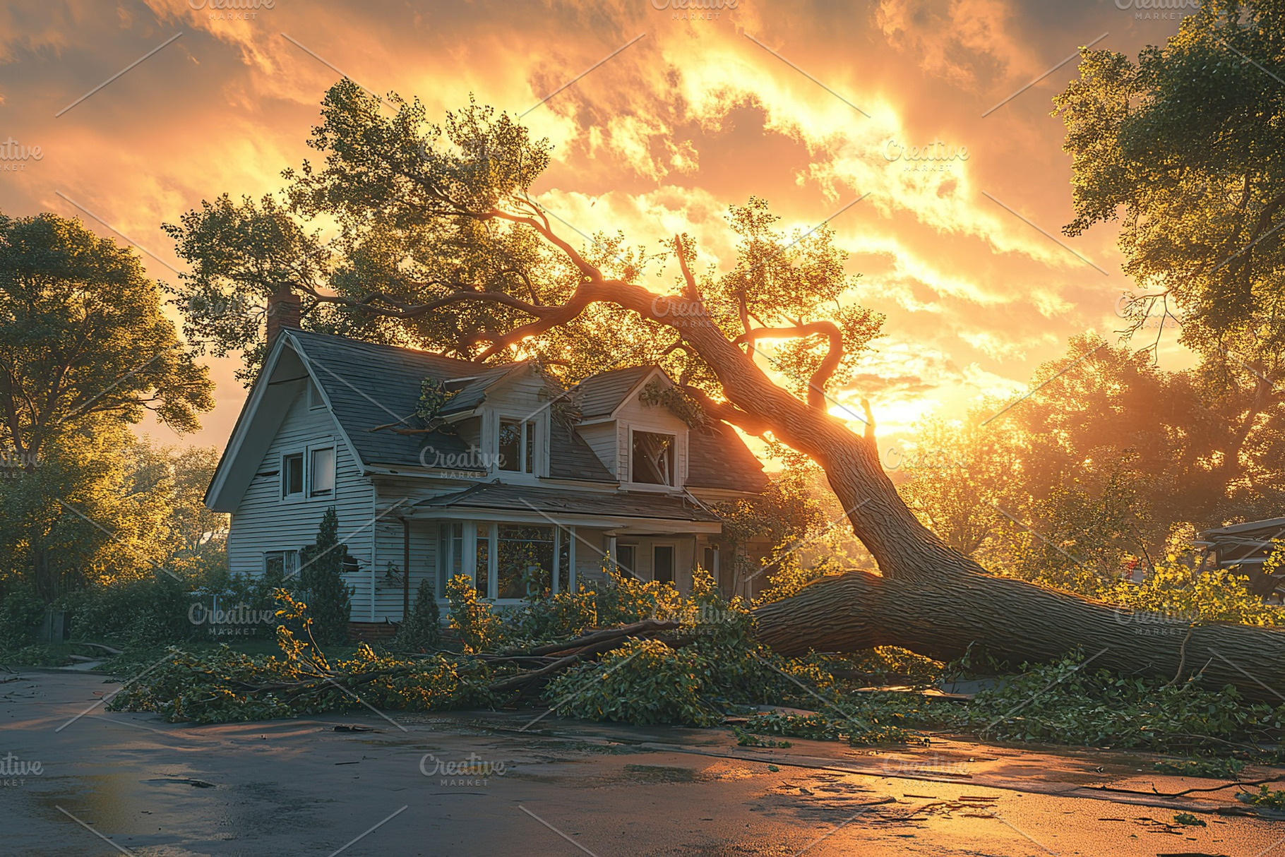Big tree trunk crashed on house roof, a Photo by AlyaAnd