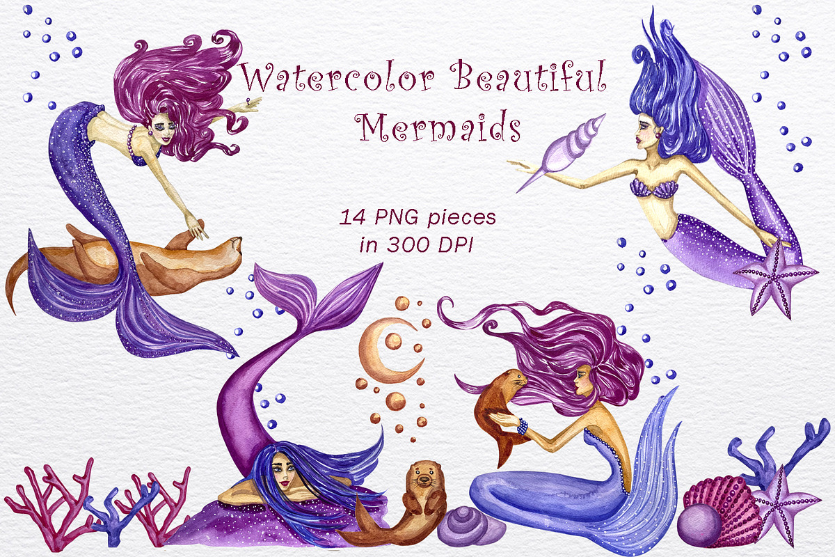 Watercolor beautiful mermaid clipart, an Animal Illustration by Fresh art by Larysa (Photo 1 of 6)