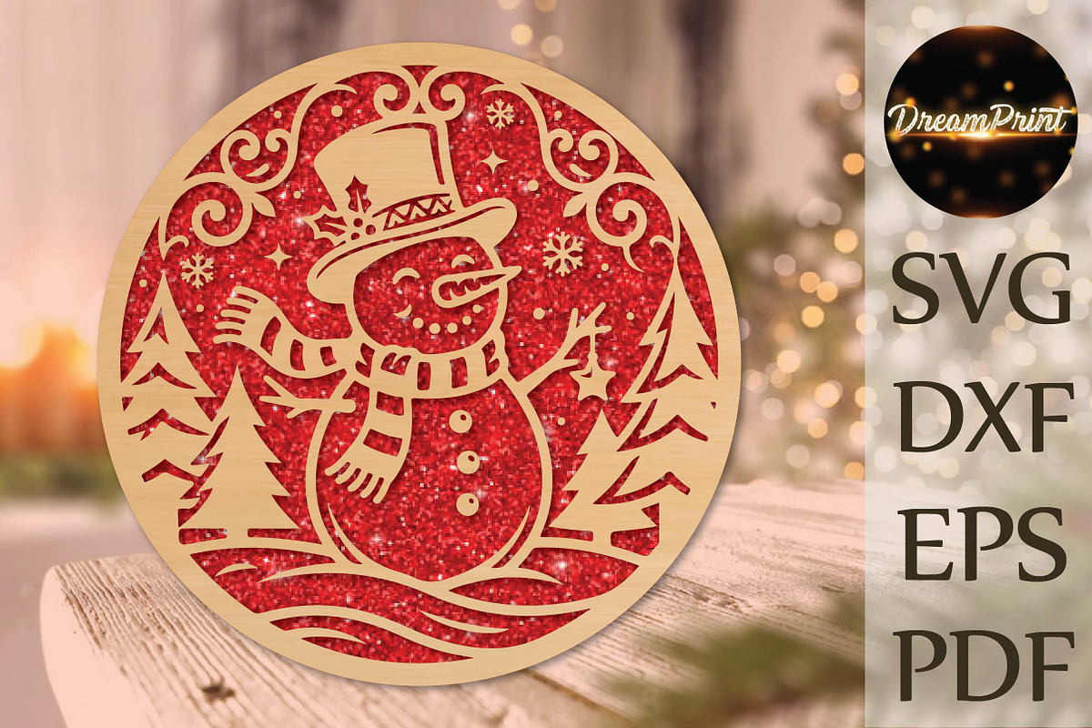 Christmas Snowman Laser Cut SVG, an Object Graphic by DreamPrint404 (Photo 1 of 4)