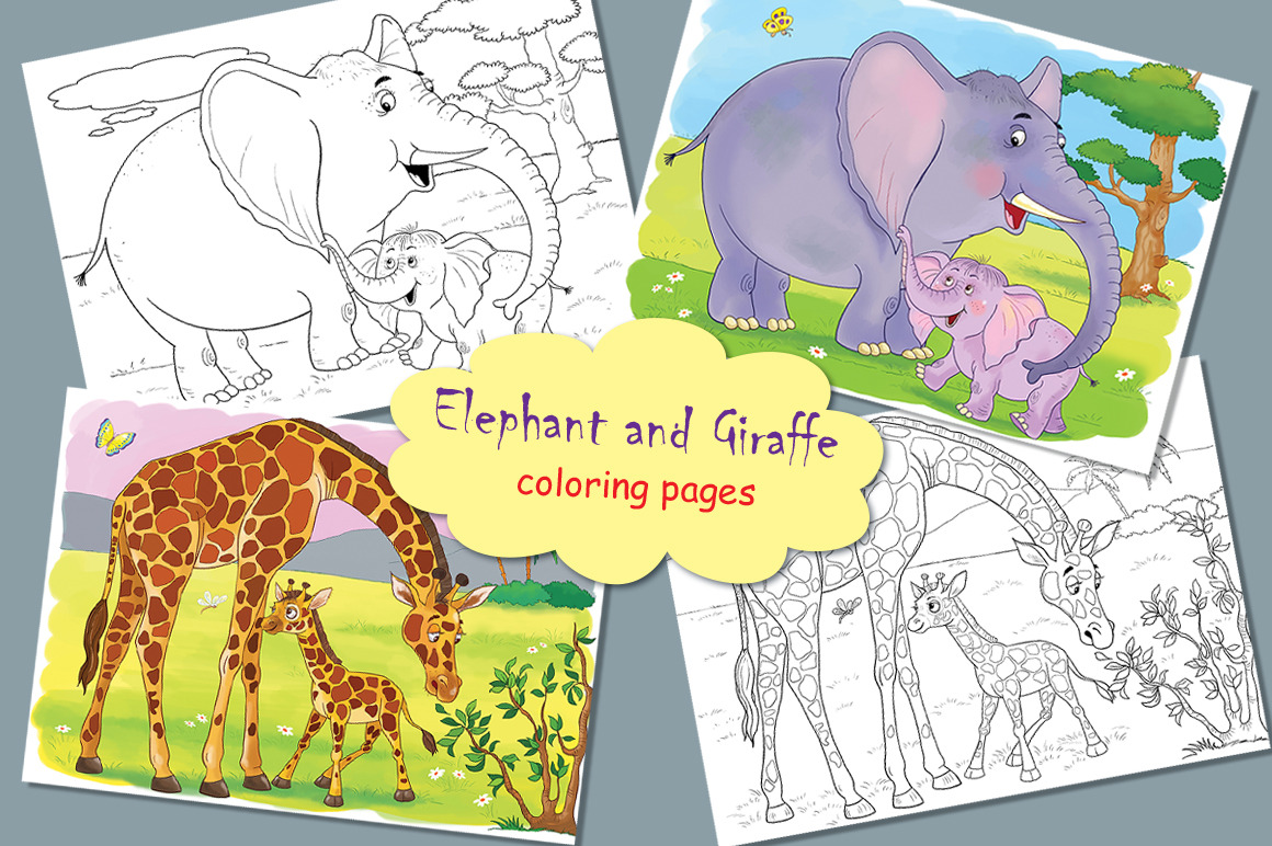 Elephant and Giraffe. Coloring pages, an Animal Illustration by Haso
