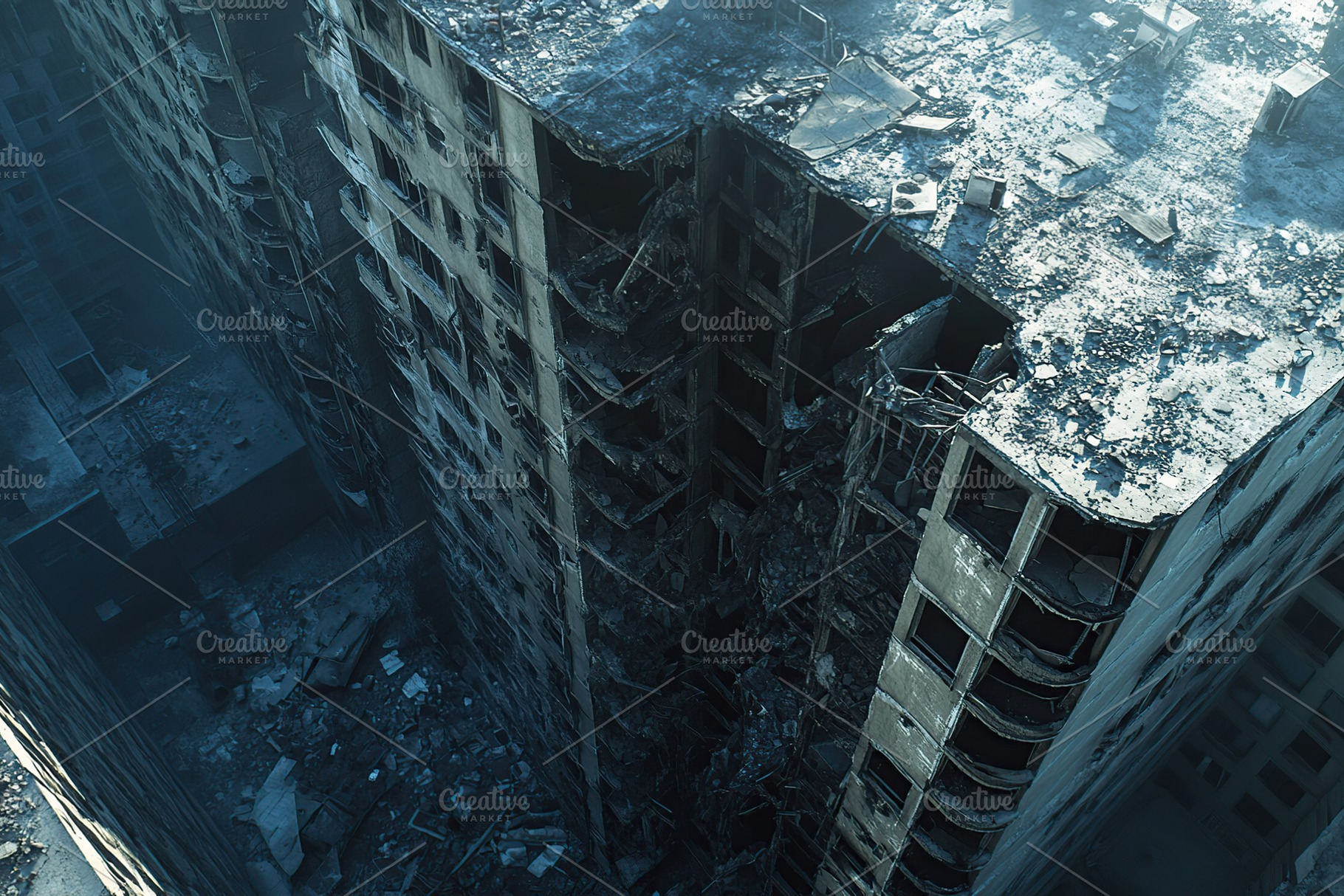 Destroyed apartment building after drone attack, military missile strike, an Architecture Photo by AlyaAnd