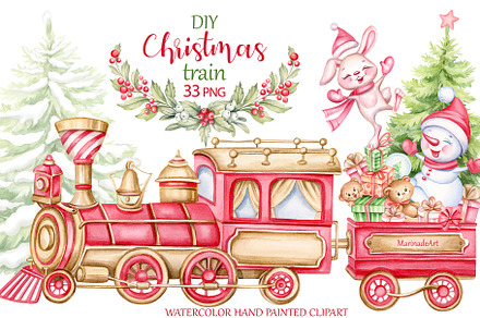 Christmas train watercolor clipart, an Illustration by MarinadeArt