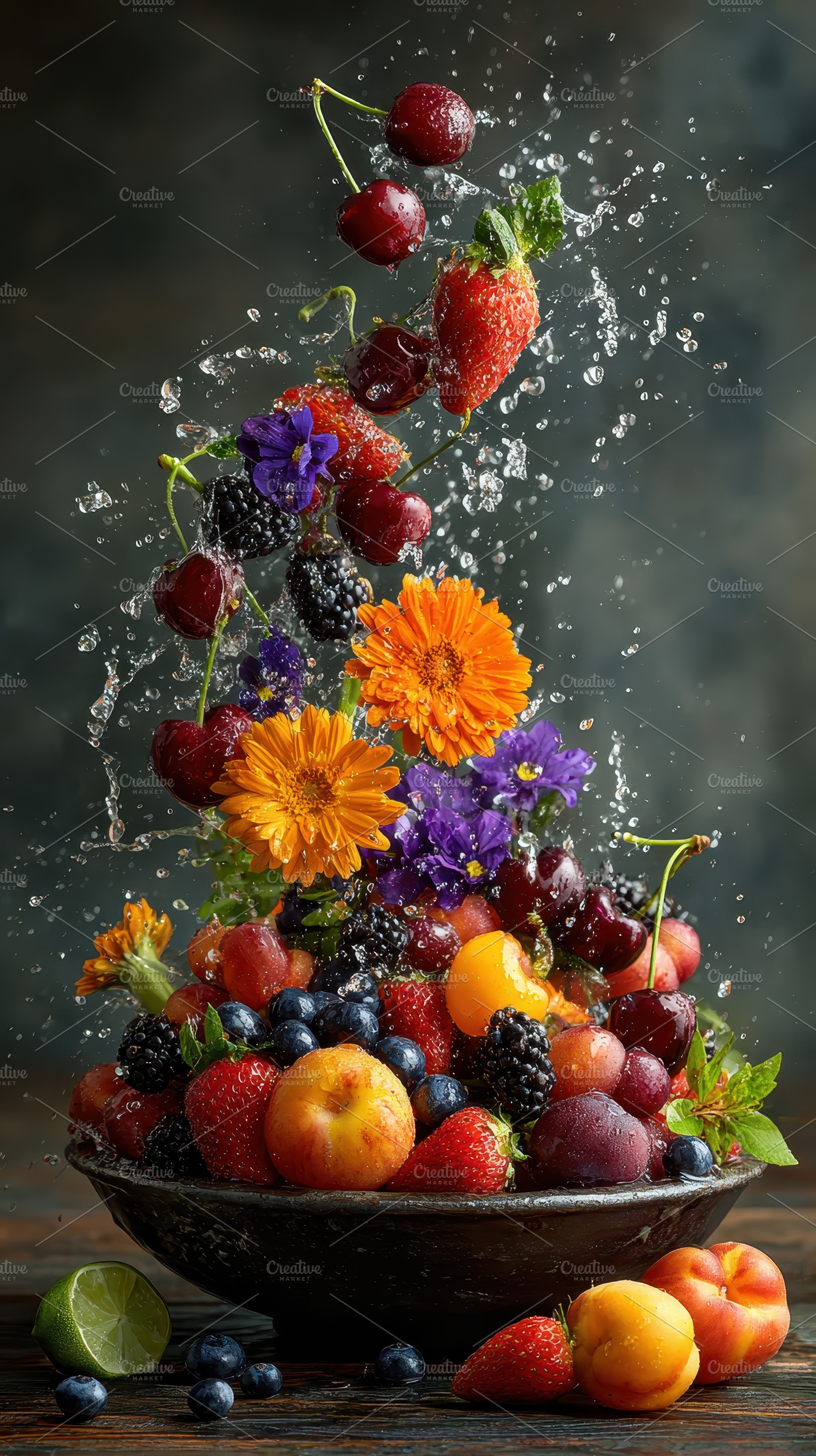 Fresh Fruit Splash Vibrant Flowers S, a Photo by Pixeness Studio
