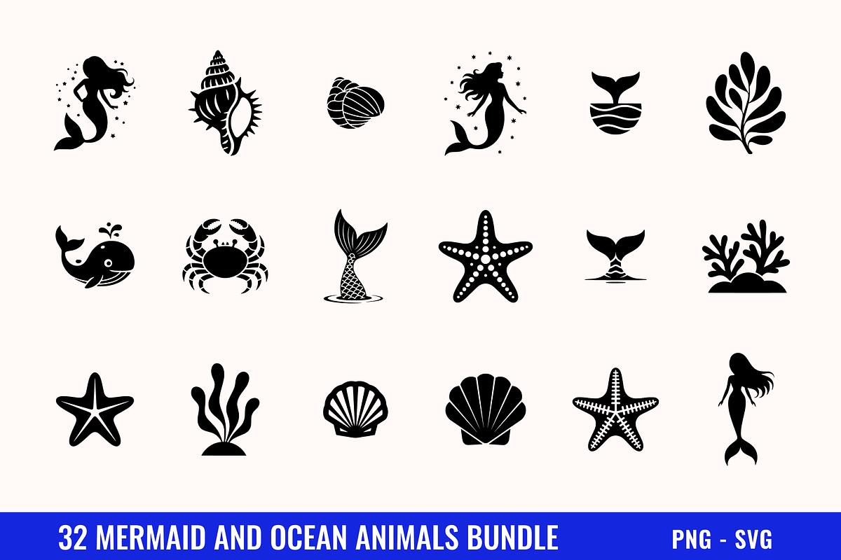 32 Mermaid and Ocean Animals Svg, an Animal Illustration by BoudaTemplate (Photo 1 of 2)