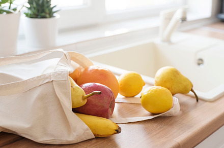 Textile tote bag filled with fruits featuring textile, filled, and virus