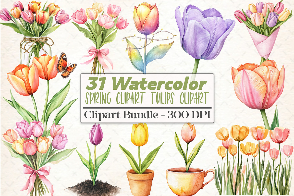 Spring Clipart Tulips Clipart, an Illustration by DreamCafeArt (Photo 1 of 5)