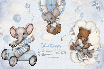 Watercolor Cute Set Blue Nursery, an Animal Illustration by ViktoriyaD
