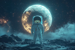Astronaut exploring a distant moon w, a Photo by Tanuart