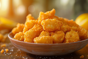 A delicious bowl of golden fried chicken bites served with lemon, a Food & Drink Photo by ImageMir