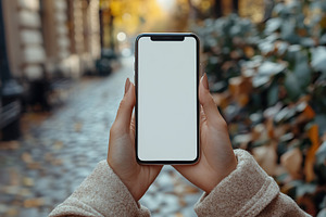 Hands with a smartphone among autumn leaves on the street, a Photo by AlyaAnd