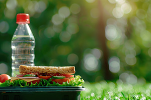 School lunch box with tasty sandwich and bottle of water on blur, a Food & Drink Photo by AlyaAnd