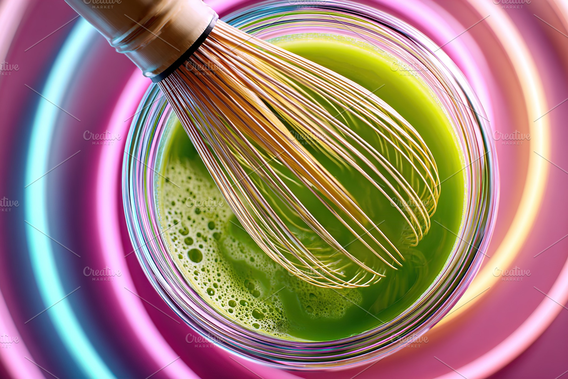 Preparing matcha tea with a bamboo whisk in vibrant colors, a Food & Drink Photo by AlyaAnd