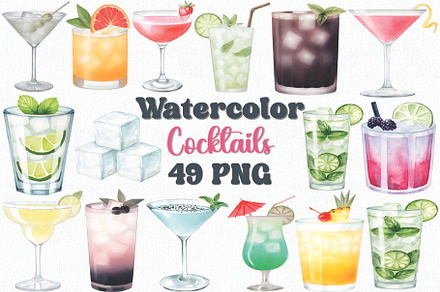 Watercolor Cocktails Clipart Set