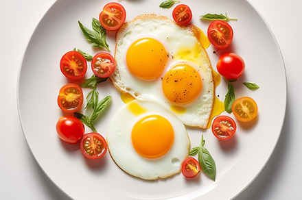 Fried eggs with fresh tomato salad for healthy breakfast, top view, a Food & Drink Photo by Natalia Klenova's Shop