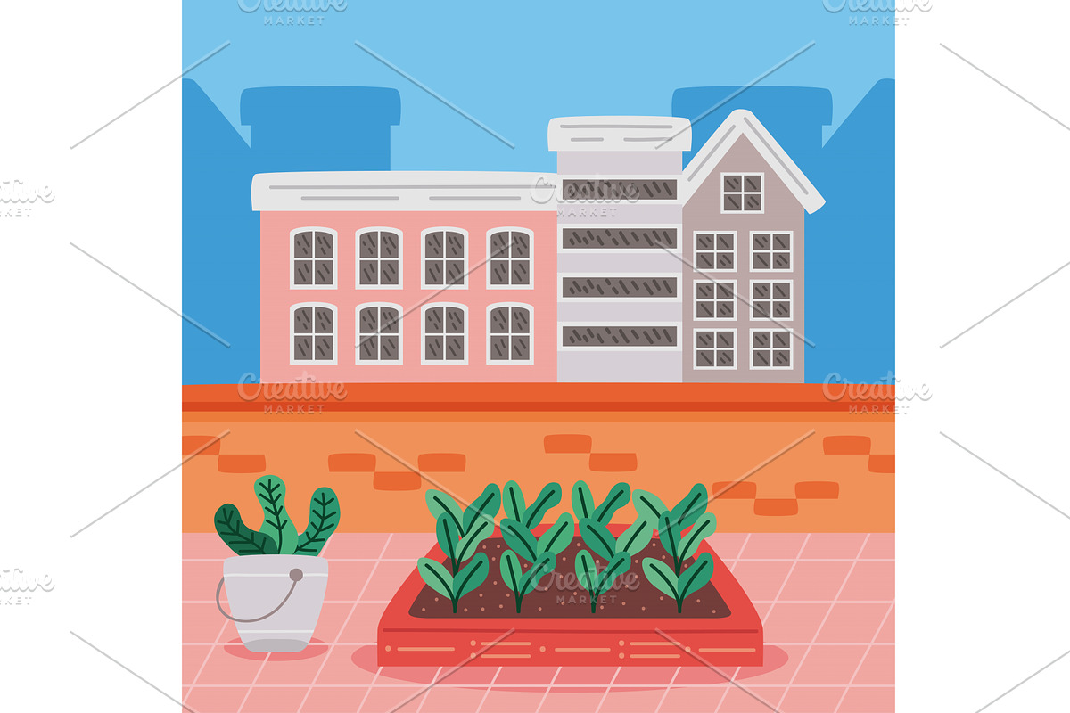 urban gardening terrace scene, an Illustration by studiogstock
