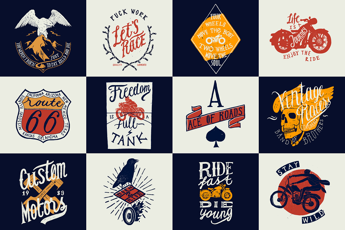 Set of 12 Vintage Biker Prints, an Illustration by hand draw