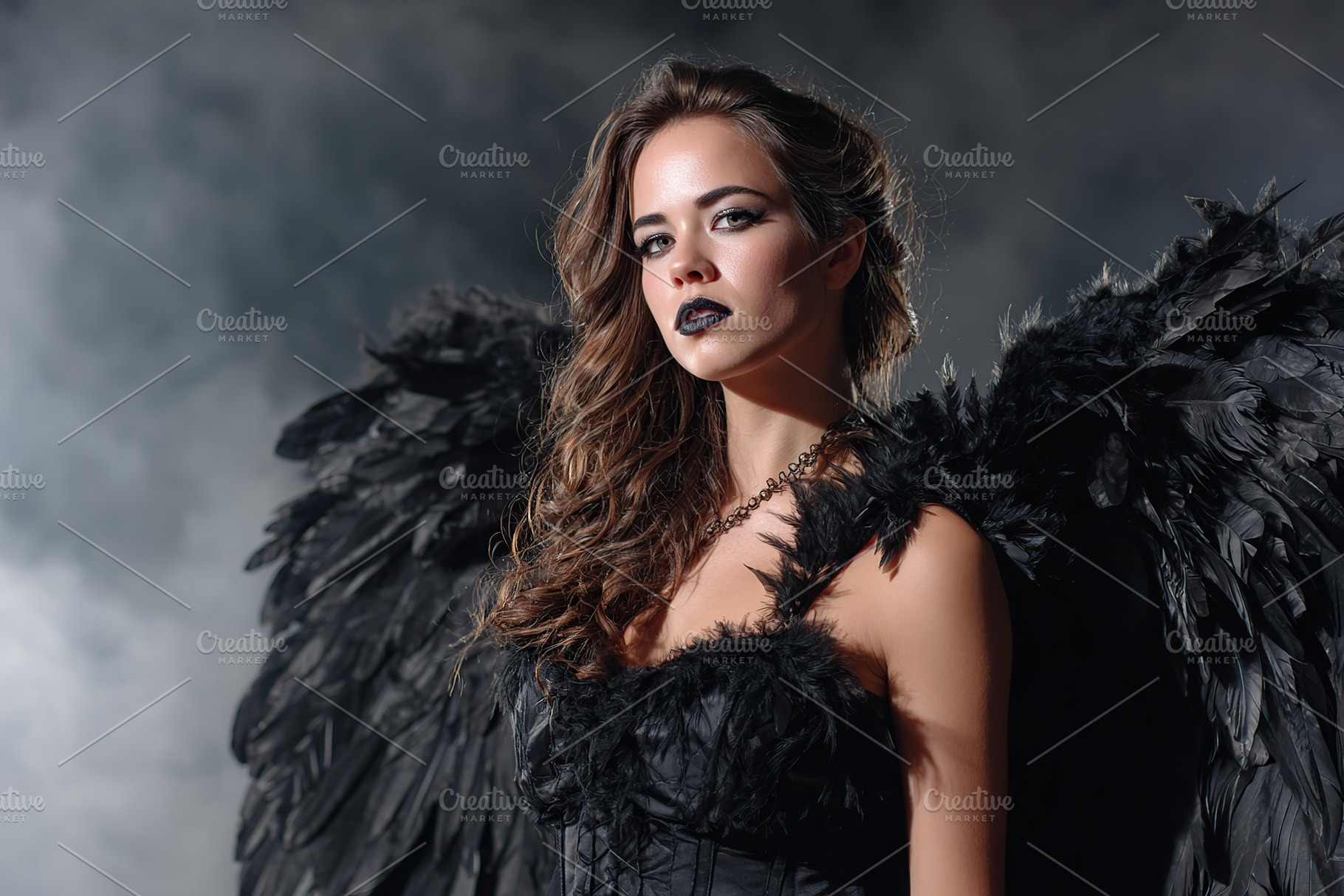 Mysterious woman with black wings poses in a dramatic setting at night, a Person Photo by AlyaAnd