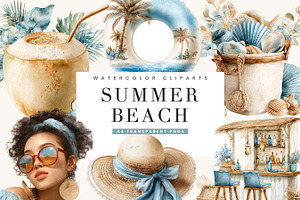 Watercolor Summer Beach Clipart, a Seasonal Illustration by BusyDaydesign