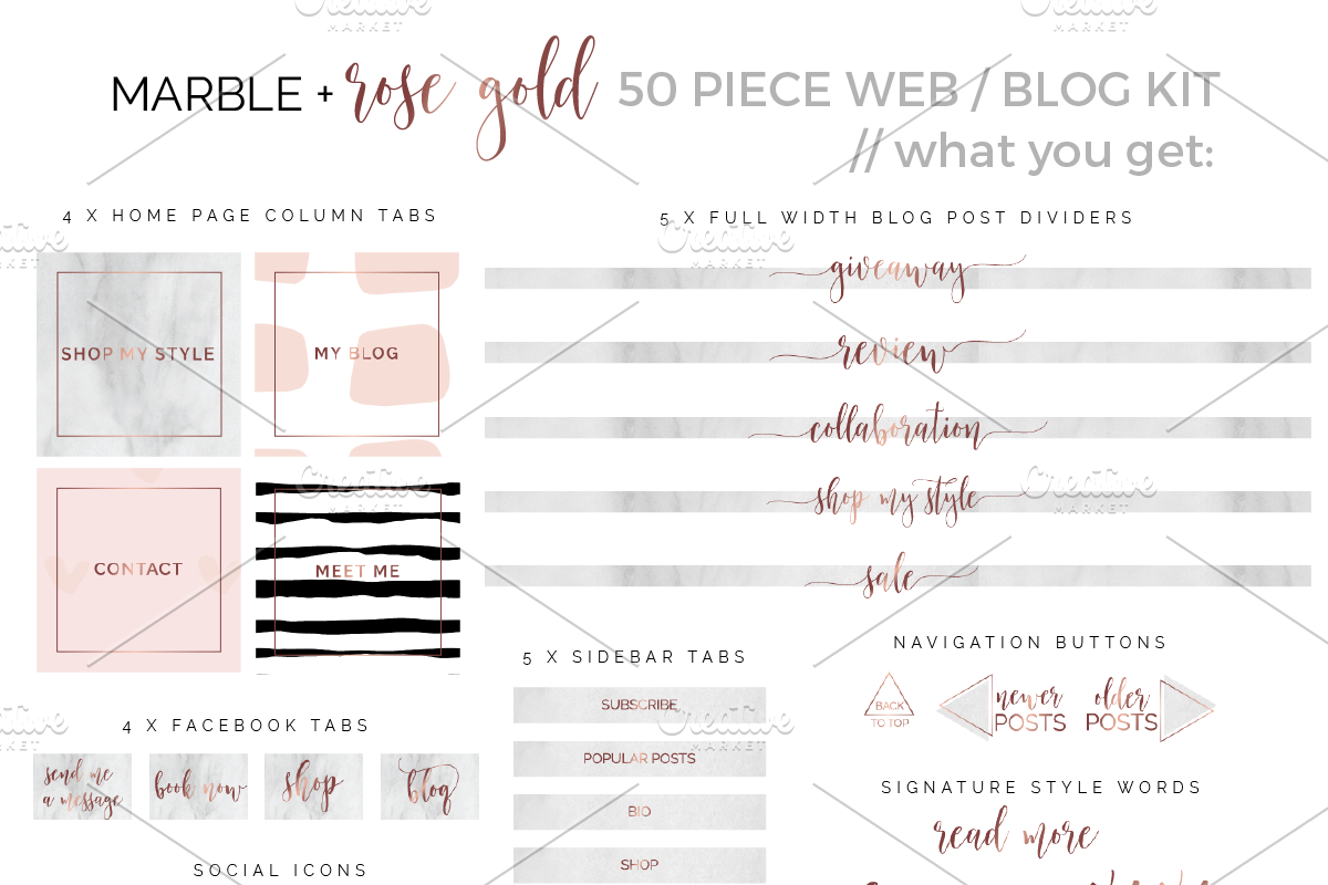 50 Piece Blog Kit Marble & Rose Gold, a Templates & Theme by Inky Jar Design Studio (Photo 2 of 6)