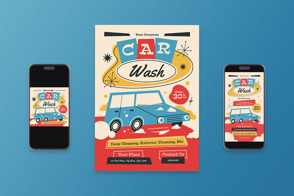 Red Mid Century Car Wash Flyer Set, a Flyer Template by Aiyari Graphic (Photo 1 of 3)