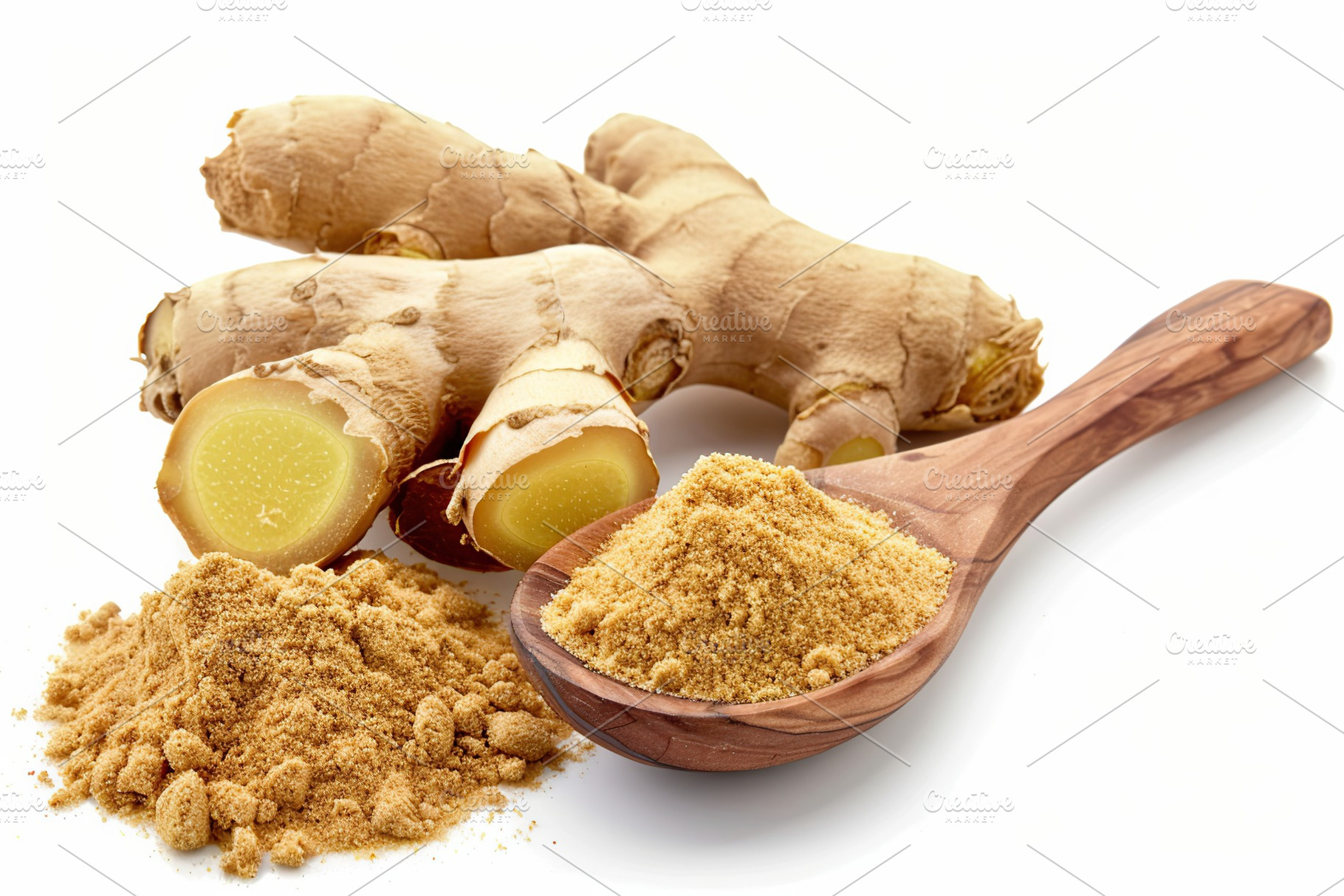 Ground dry ginger in wooden spoon isolated on white background, a Food & Drink Photo by AlyaAnd
