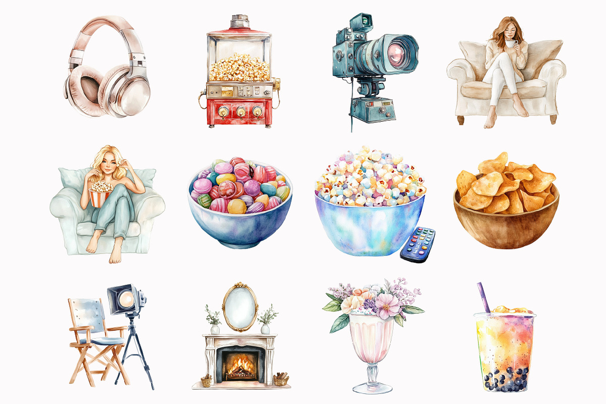 Watercolor Cozy Movie Time Clipart, an Illustration by Design Market (Photo 2 of 4)