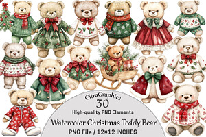 Watercolor Christmas Teddy Bear Clip