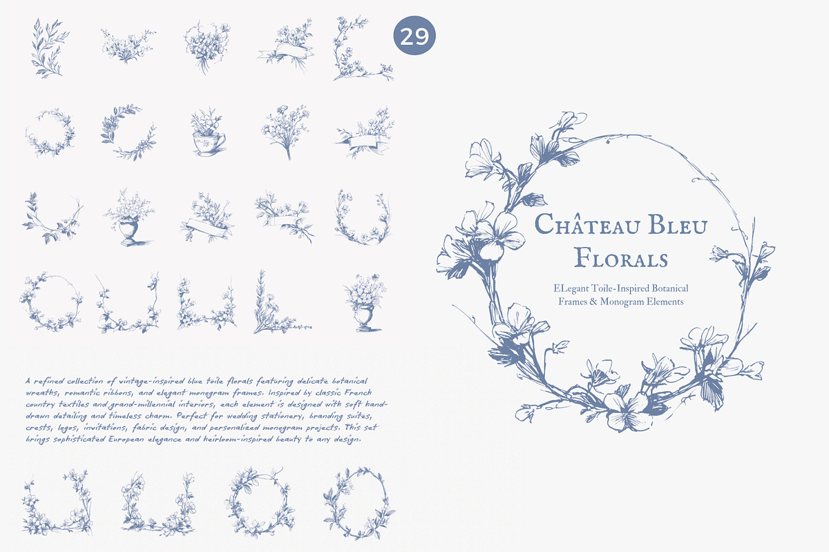 Blue toile floral monogram frames, a Decorative Illustration by Patishop Art (Photo 3 of 9)