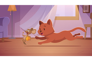 Cat and mouse. interior background, an Animal Illustration by Onyx