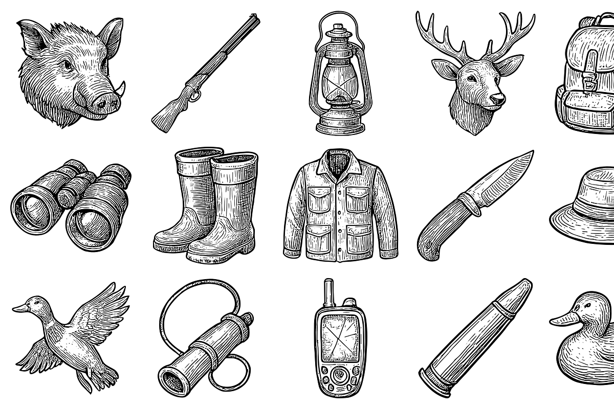 Hunting Equipment Icon Set, an Object Graphic by nikagraphic (Photo 2 of 3)