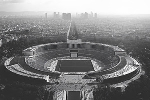 Large stadium in an urban area surro, a Photo by Tanuart
