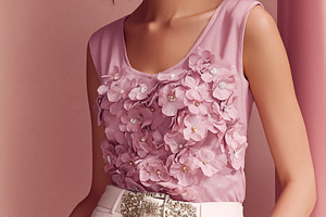 Woman modeling elegant fashion outfit with pink top, white pants, a Beauty & Fashion Photo by Studio ANNA