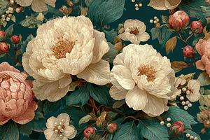 Elegant Creamy Peonies Teal Leaves F, a Photo by Pixeness Studio