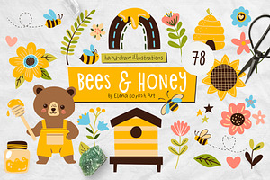 Bees, Honey Cartoon Vector Set
