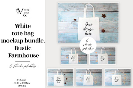 6 White tote bag mockup bundle.