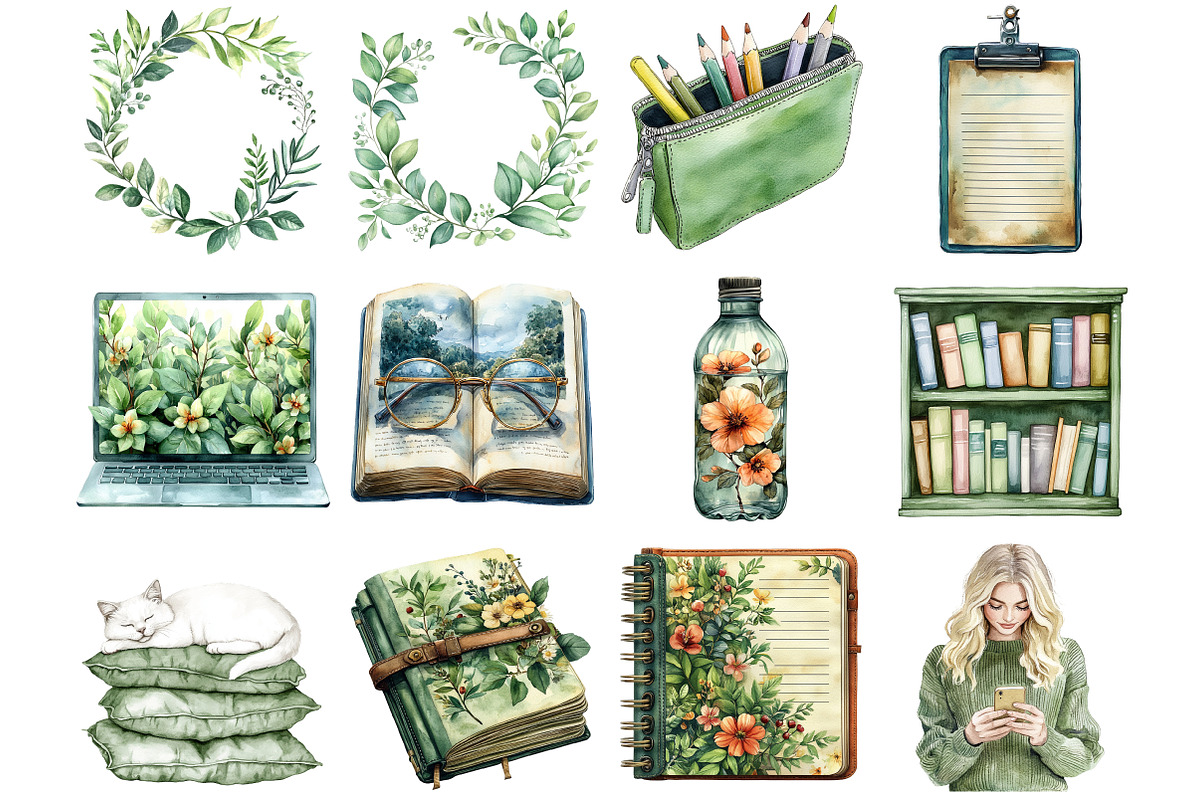 Watercolor Green Planner Clipart, an Illustration by Libby Wishes (Photo 5 of 5)
