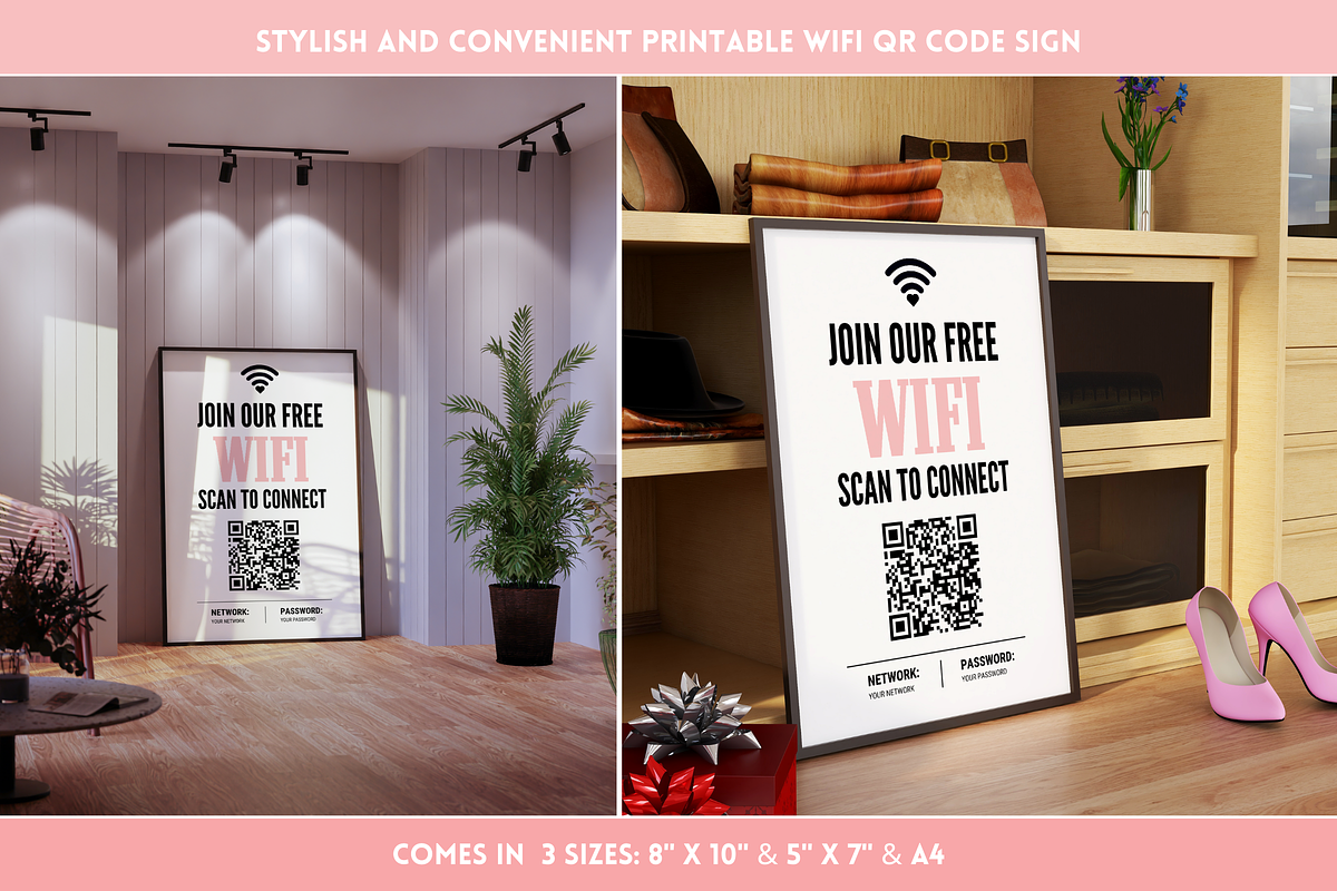 Pink & Black WiFi QR Code Sign, a Stationery Template by SunshineStudioBoutique (Photo 7 of 10)