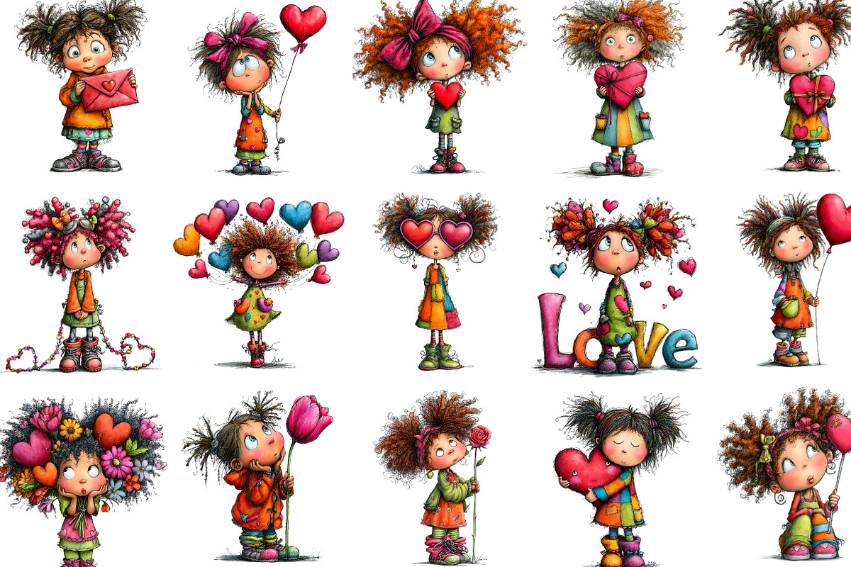 Valentine Cute Quirky Girl Clipart, an Illustration by Designking (Photo 2 of 5)