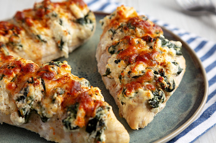 Homemade Hasselback Chicken on a Plate, side view. Close-up., a Food & Drink Photo by LiudmylaChuhunova