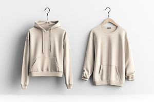 Beige hoodie and sweatshirt on hange, a Background Photo by Pixeness Studio