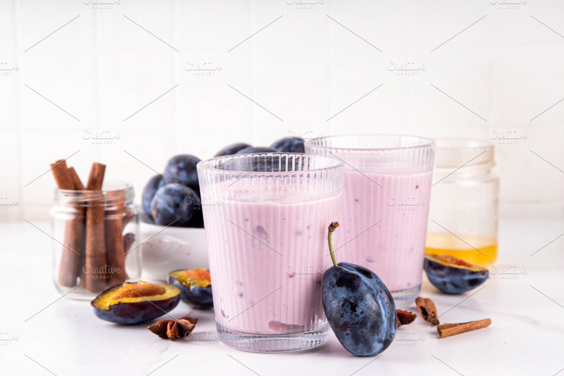 Tasty sweet plum yogurt or smoothie, a Food & Drink Photo by Rimma