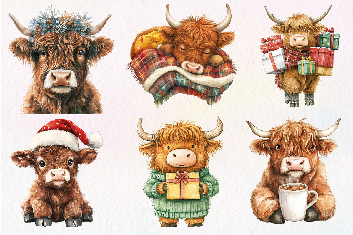 Christmas Highland Cow Clipart, an Illustration by Dream Creation (Photo 2 of 7)