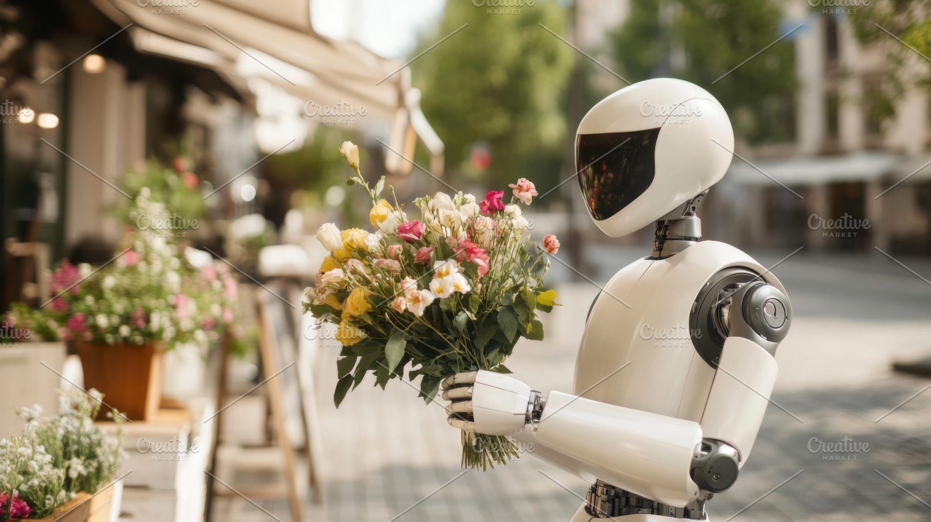 Robot carrying flowers in city, a Photo by Dvoevnore photos