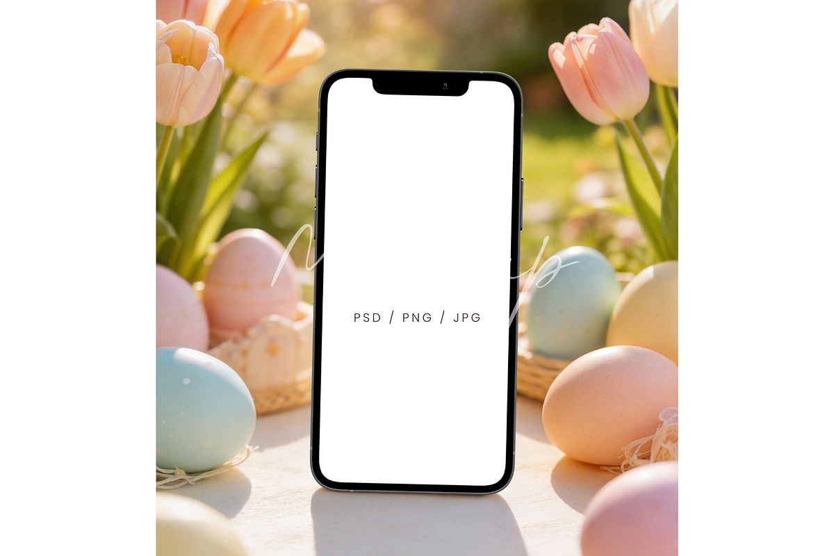 Easter iPhone Mockup with Tulips, a Product Mockup by TatiMockup (Photo 1 of 3)